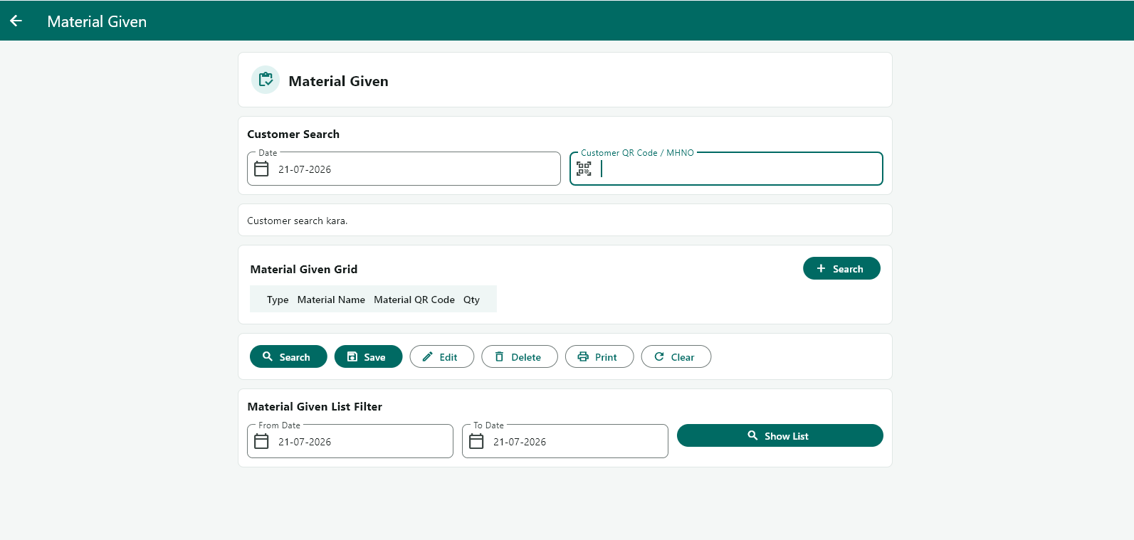 Material Given Page