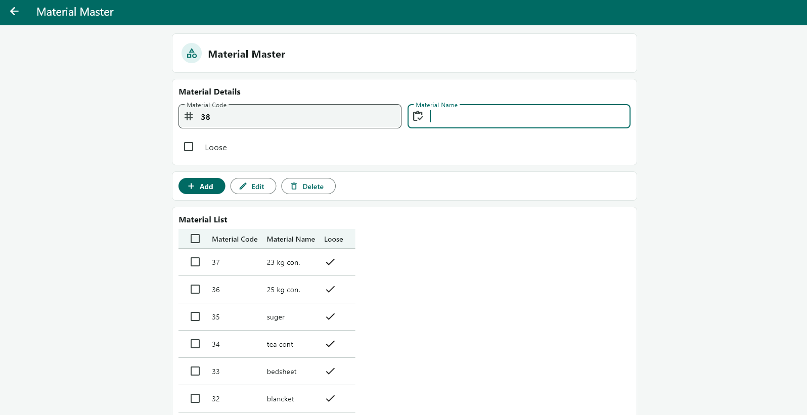 Material Master Page
